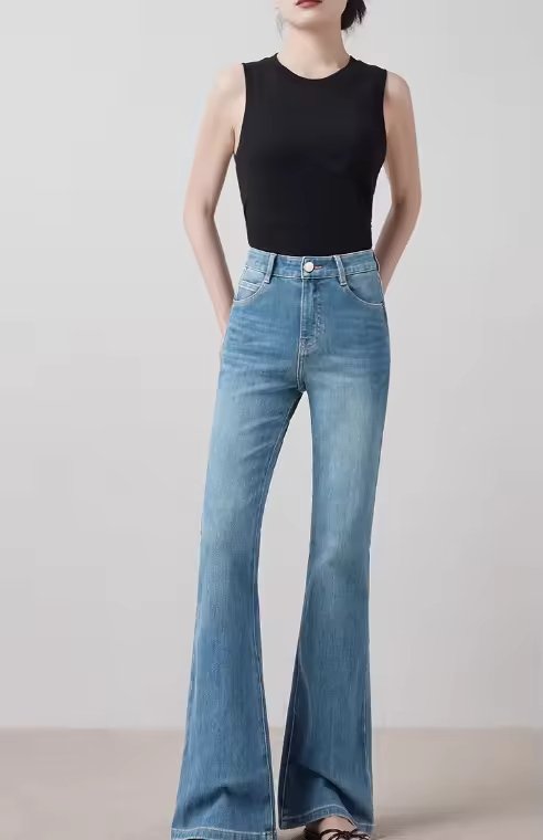 Women's Blue 2025 Spring Autumn Vintage Flared Slim Pants