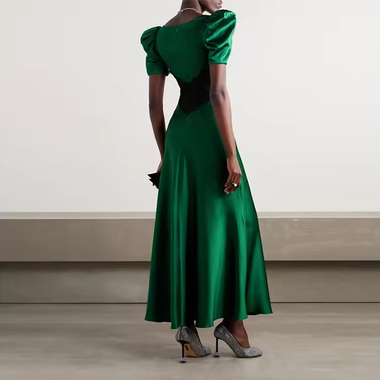 Green v Neck Short Sleeve Lace Satin Elegant Casual Party Dresses Women